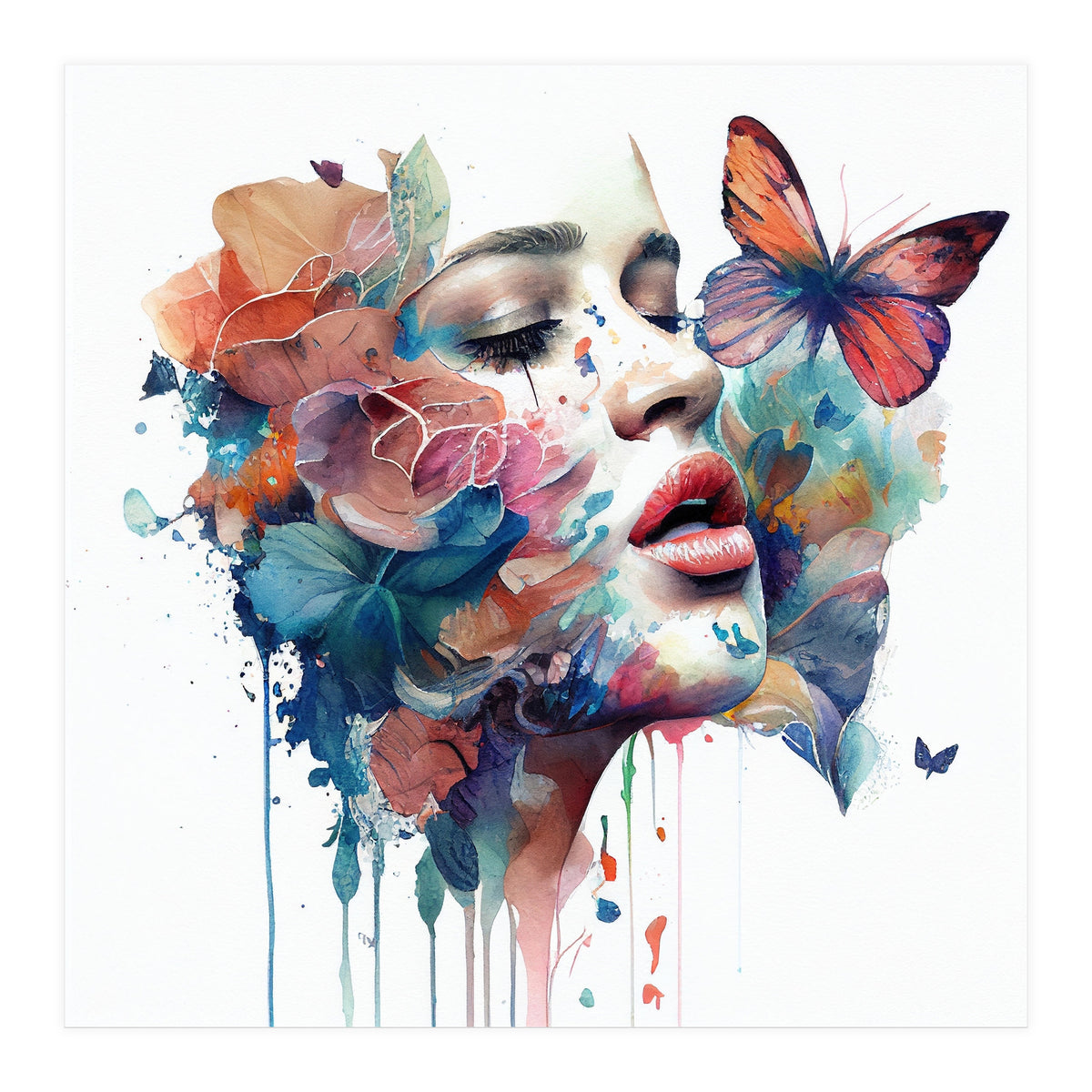 Watercolor Floral Woman Face #1 (Print Only)