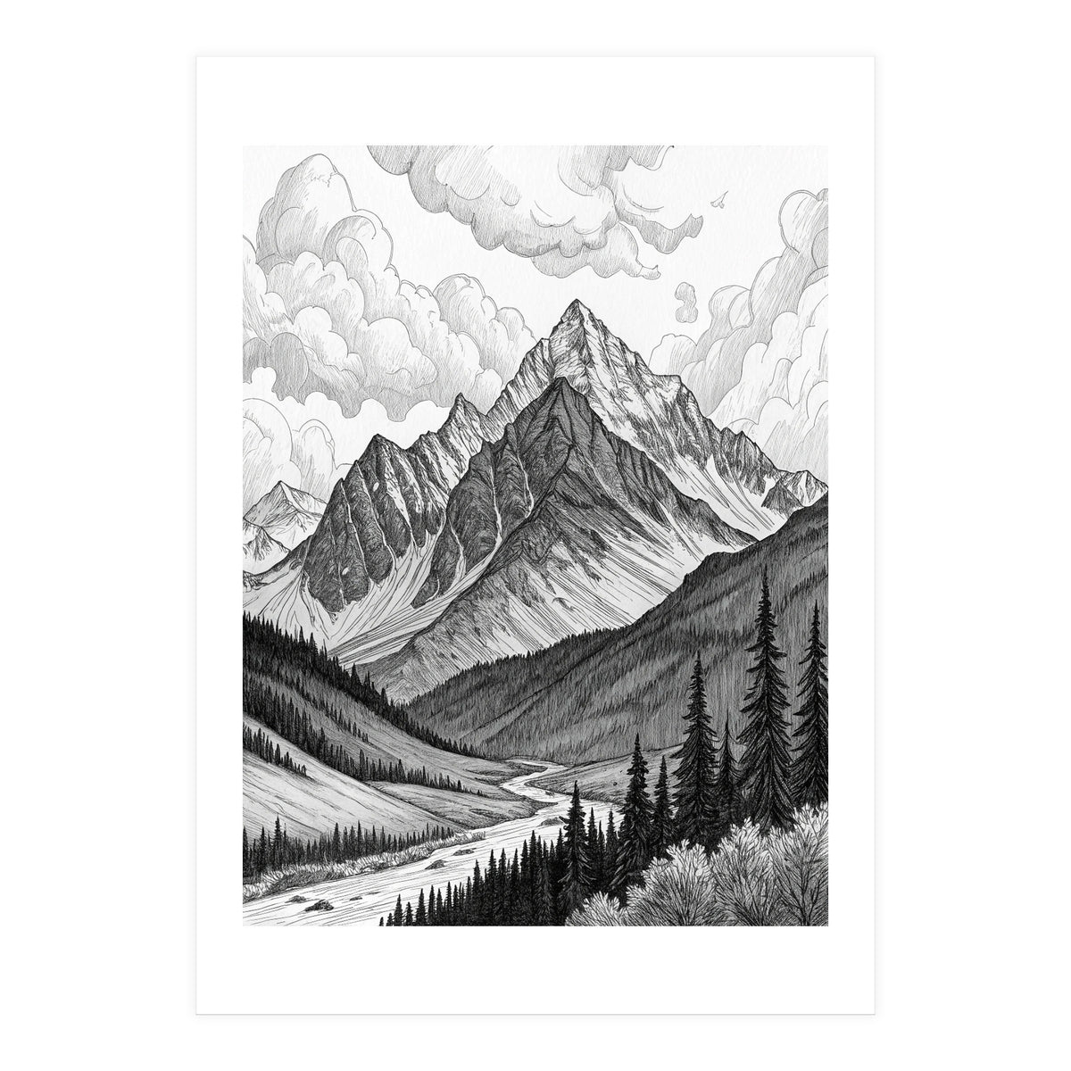 Majestic Alpine Mountain Range Sketch (Print Only)