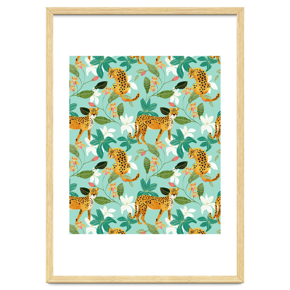 Cheetah Jungle, Wildlife Nature Wild Cats Tigers Leopard Botanical Animals Mint Quirky Illustration