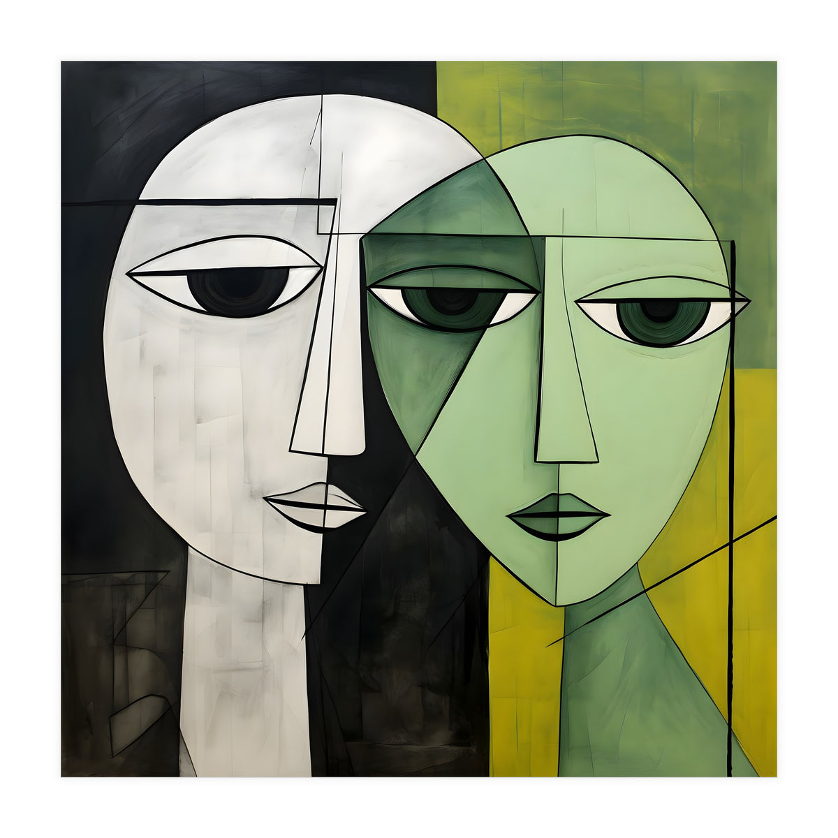 DYNAMIC FUSION, Two abstract heads converge - vibrant green tones intertwine with cool grey hues, a dance of contrast and connection. (Print Only)
