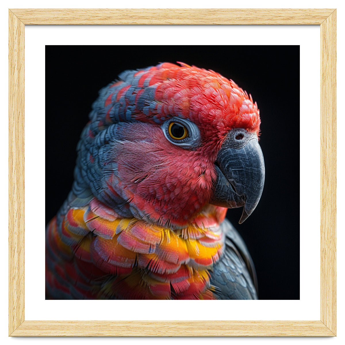 Close Up Parrot Face Red Blue Yellow Plumage