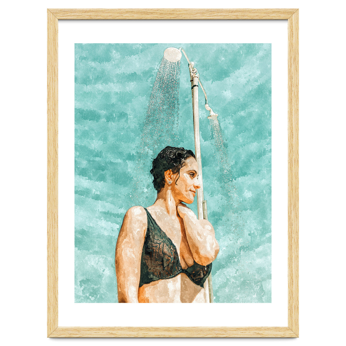 Bathe | Woman Pool Shower | Summer Swim Watercolor Painting | Brunette Bikini Boho Fashion