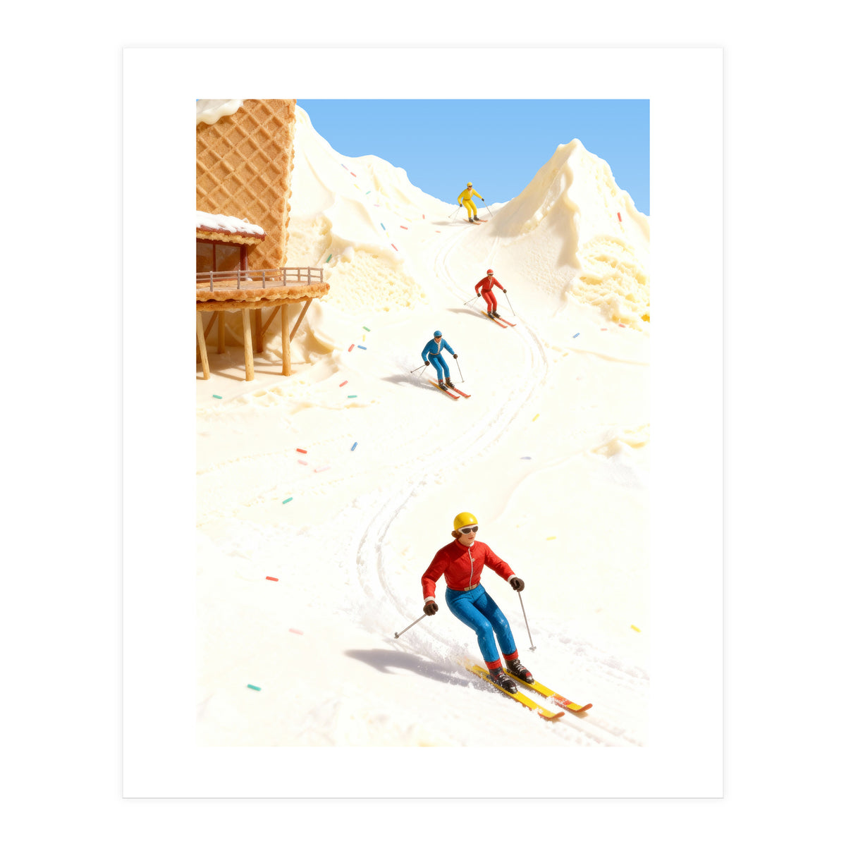 Skiing on Ice Cream Mountains, Miniature Skiers Winter Art Print for Kitchen Decor (Print Only)