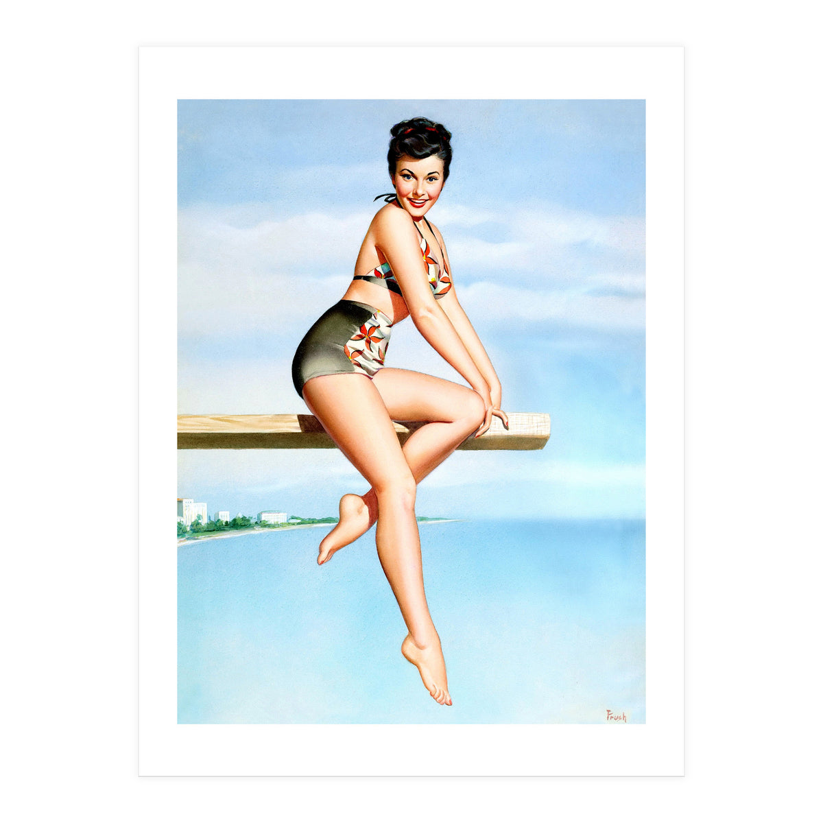 Smiling Sexy Pinup Girl Posing On A Board (Print Only)