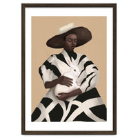 Woman In Stripes Holding A White Rabbit