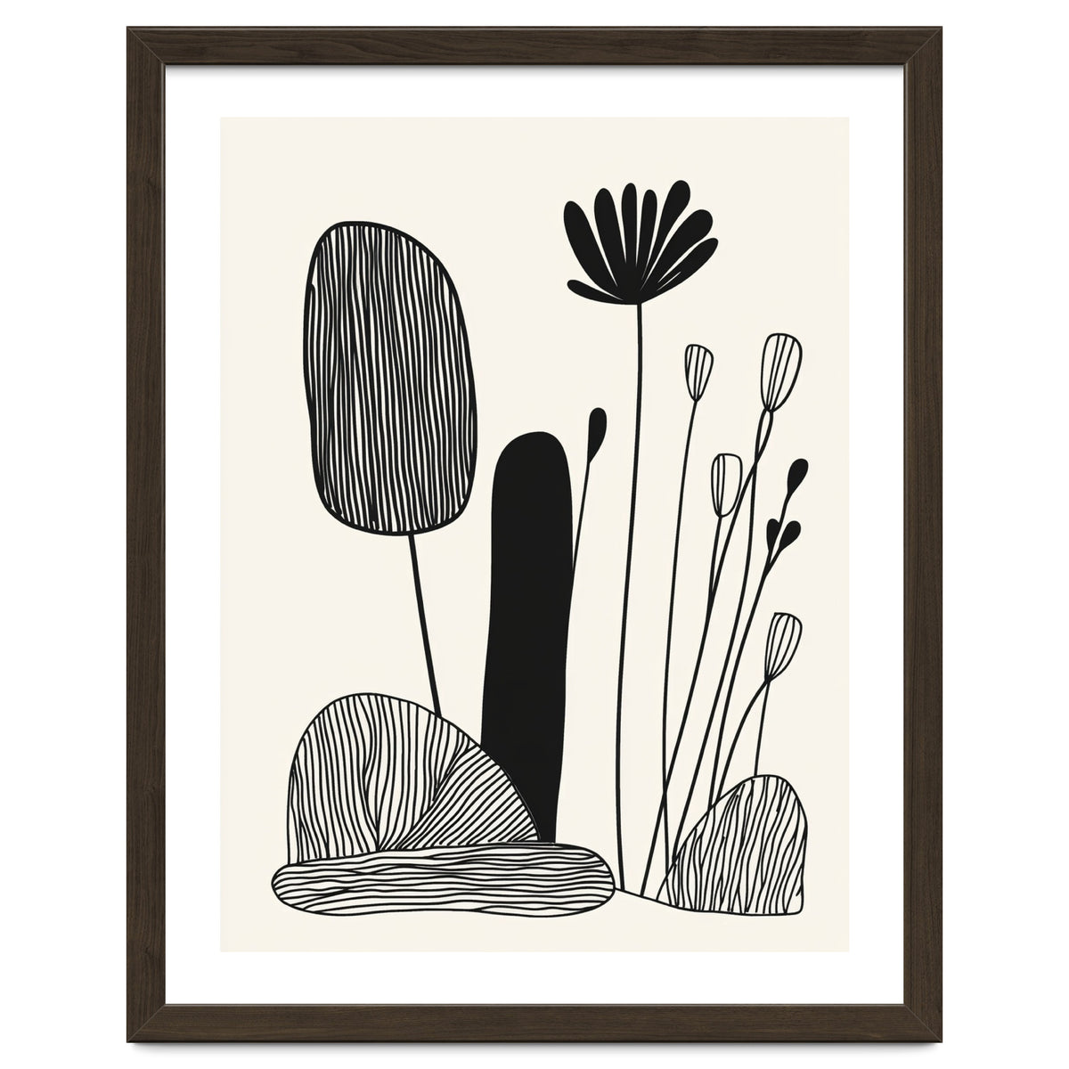 Abstract Black And White Botanical Illustration With Organic Shapes