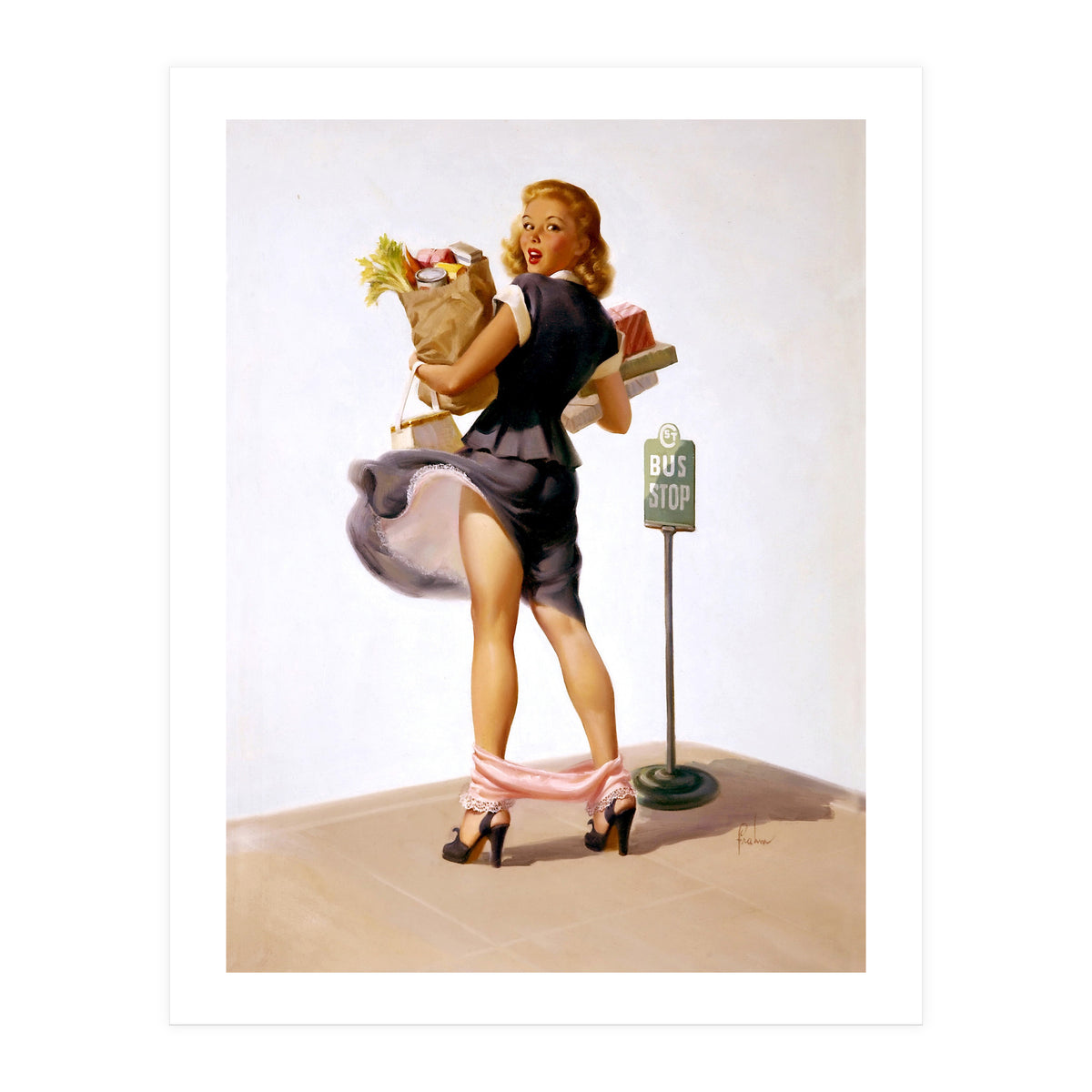 Pinup Sexy Girl Had Funny Accident On A Bus Stop (Print Only)