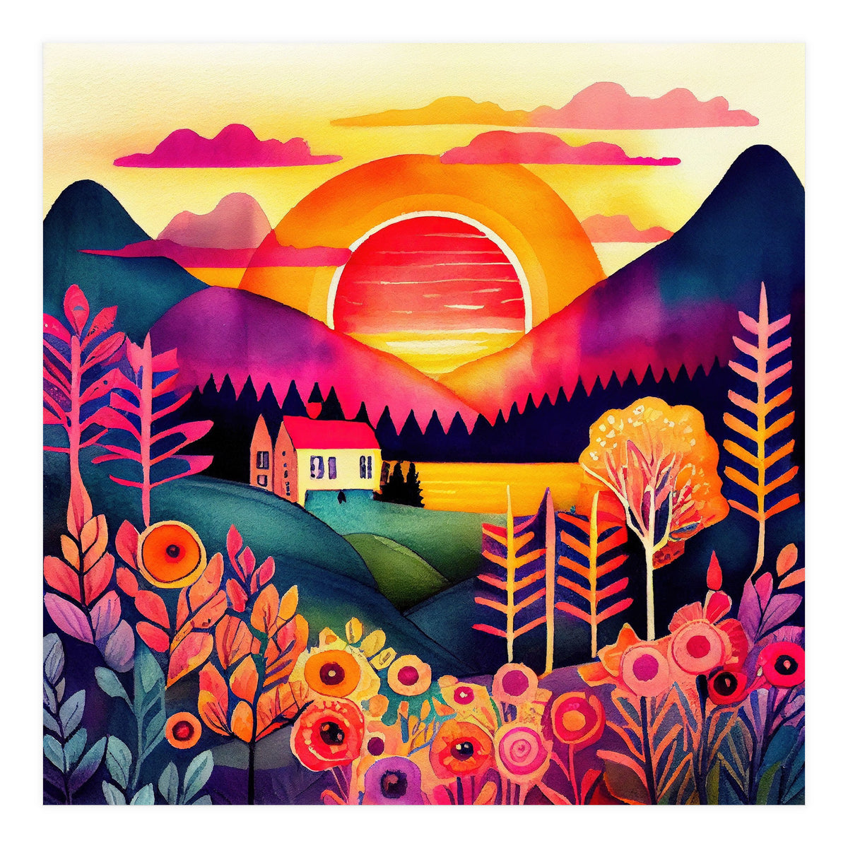 Folk Sunset Over Mountain Lake (Print Only)