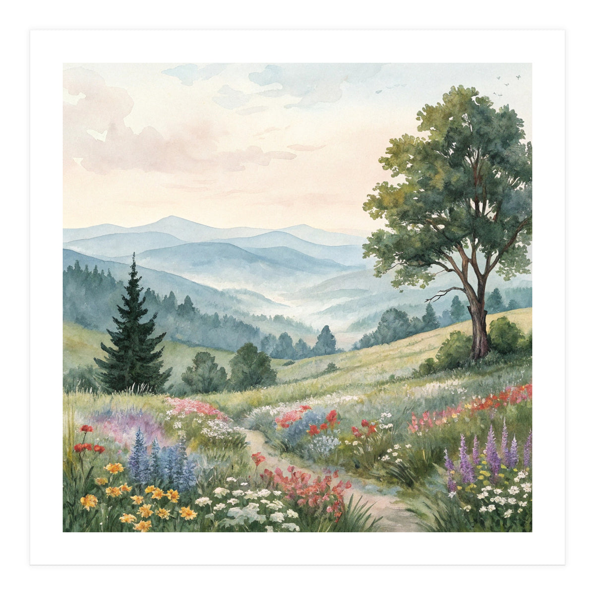 Serene Mountain Meadow Watercolor Landscape (Print Only)