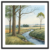 Pastoral Countryside Watercolor Painting with Winding Stream Meadows and Deciduous Trees Landscape thumbnail