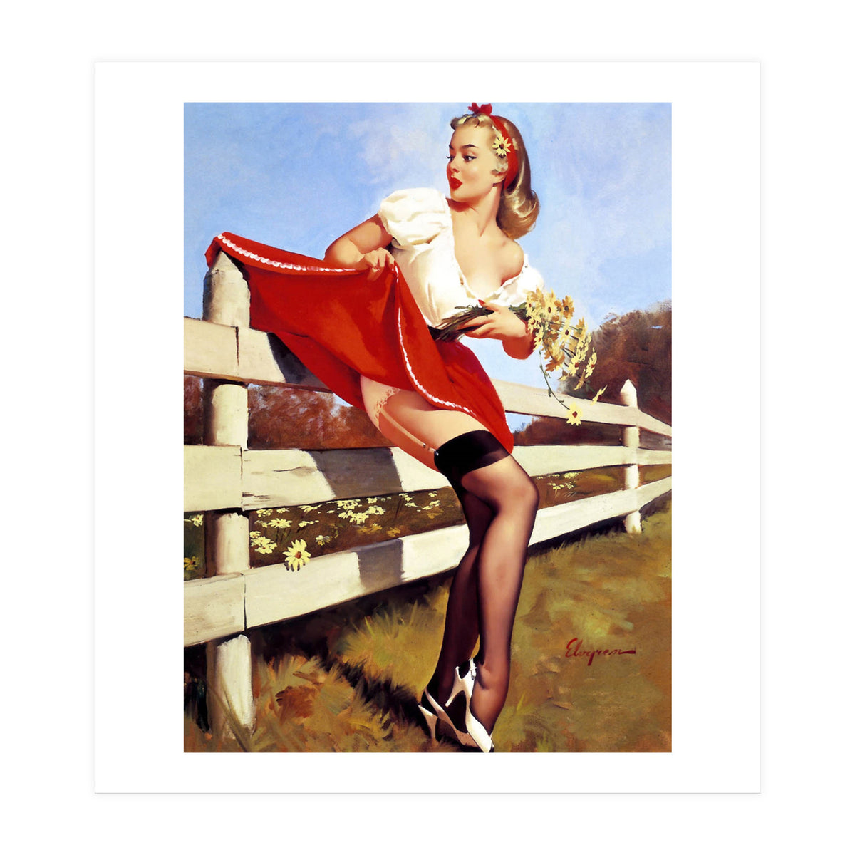 Pinup Girl Stacked On The Farm Fance (Print Only)
