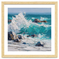 Dynamic Crashing Turquoise Ocean Wave Against Rugged Coastal Rocks