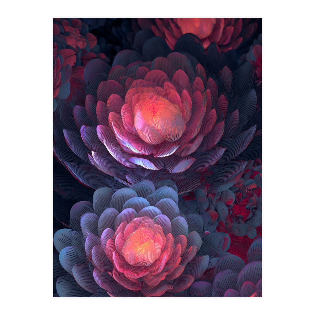 Ethereal Neon Blooms: Intricate 3D Floral Fractal Art (Print Only)