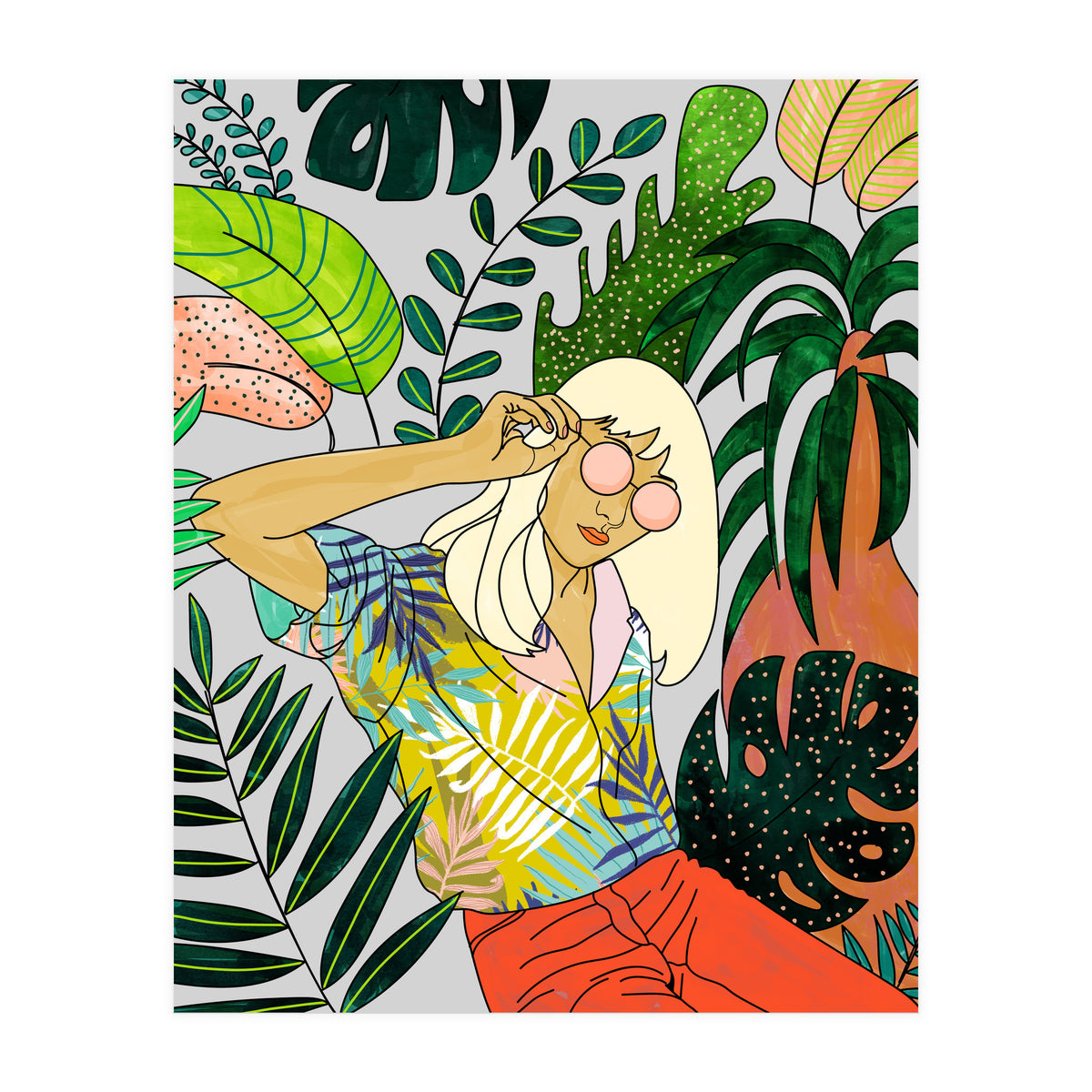 Spring Break, Tropical Bohemian Travel Line Art, Woman Fashion Palm Forest Jungle Watercolor Nature (Print Only)