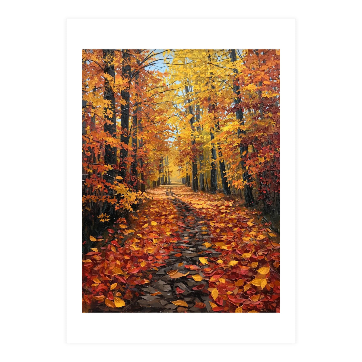Sun-Drenched Golden Forest Path with Vibrant Autumn Foliage (Print Only)