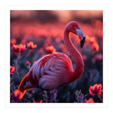 Pink Flamingo Bird Standing Among Flowers At Sunset (Print Only) thumbnail