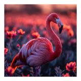Pink Flamingo Bird Standing Among Flowers At Sunset (Print Only) thumbnail