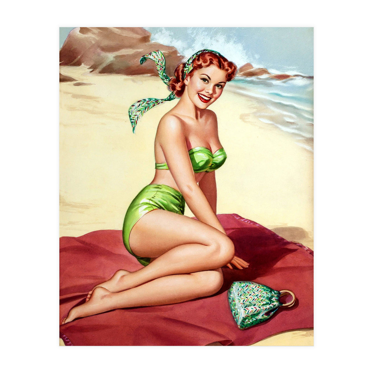 Smiling Pinup Sexy Girl On The Beach (Print Only)
