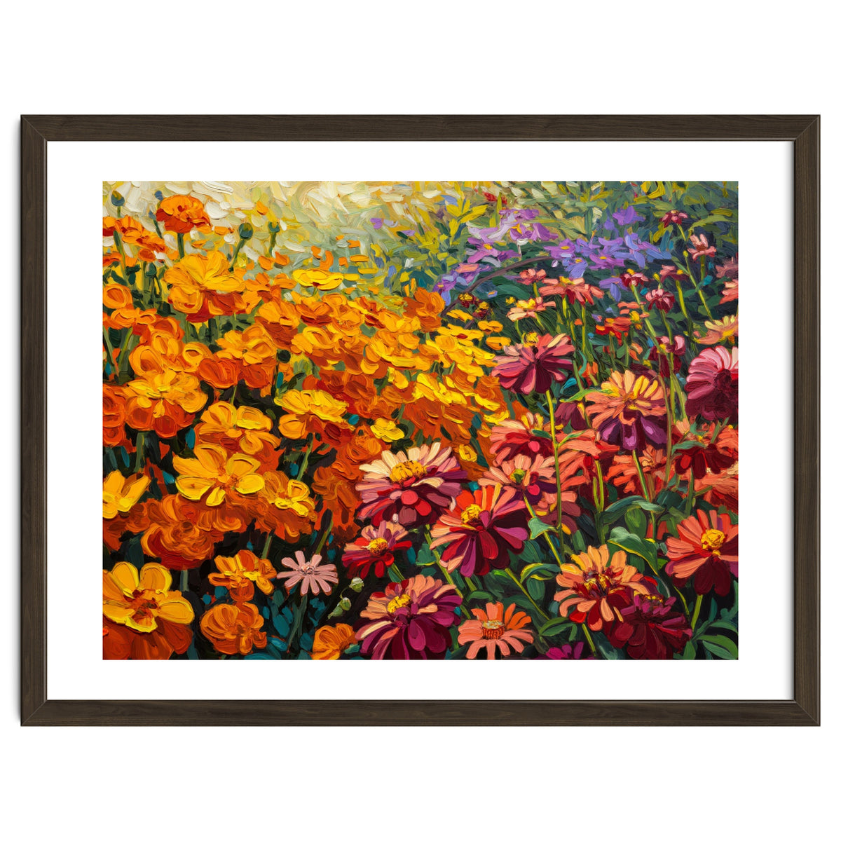 Radiant Summer Zinnia and Marigold Meadow Oil Painting