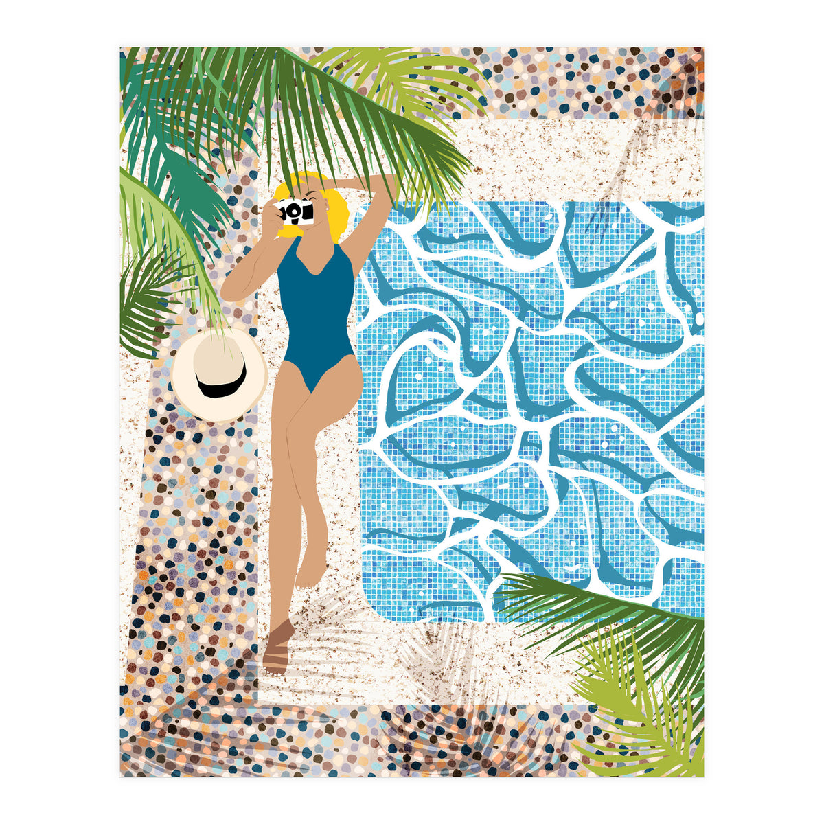 Click, Summer Travel Poolside Swim, Moroccan Tiles Staycation Vacation Holiday, Bohemian Woman Swimsuit Fashion Pose (Print Only)