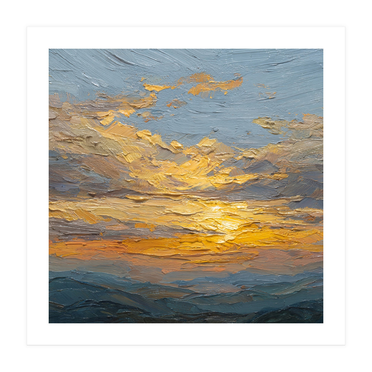 Atmospheric Golden Sunset Impasto Oil Painting Featuring Textured Clouds (Print Only)
