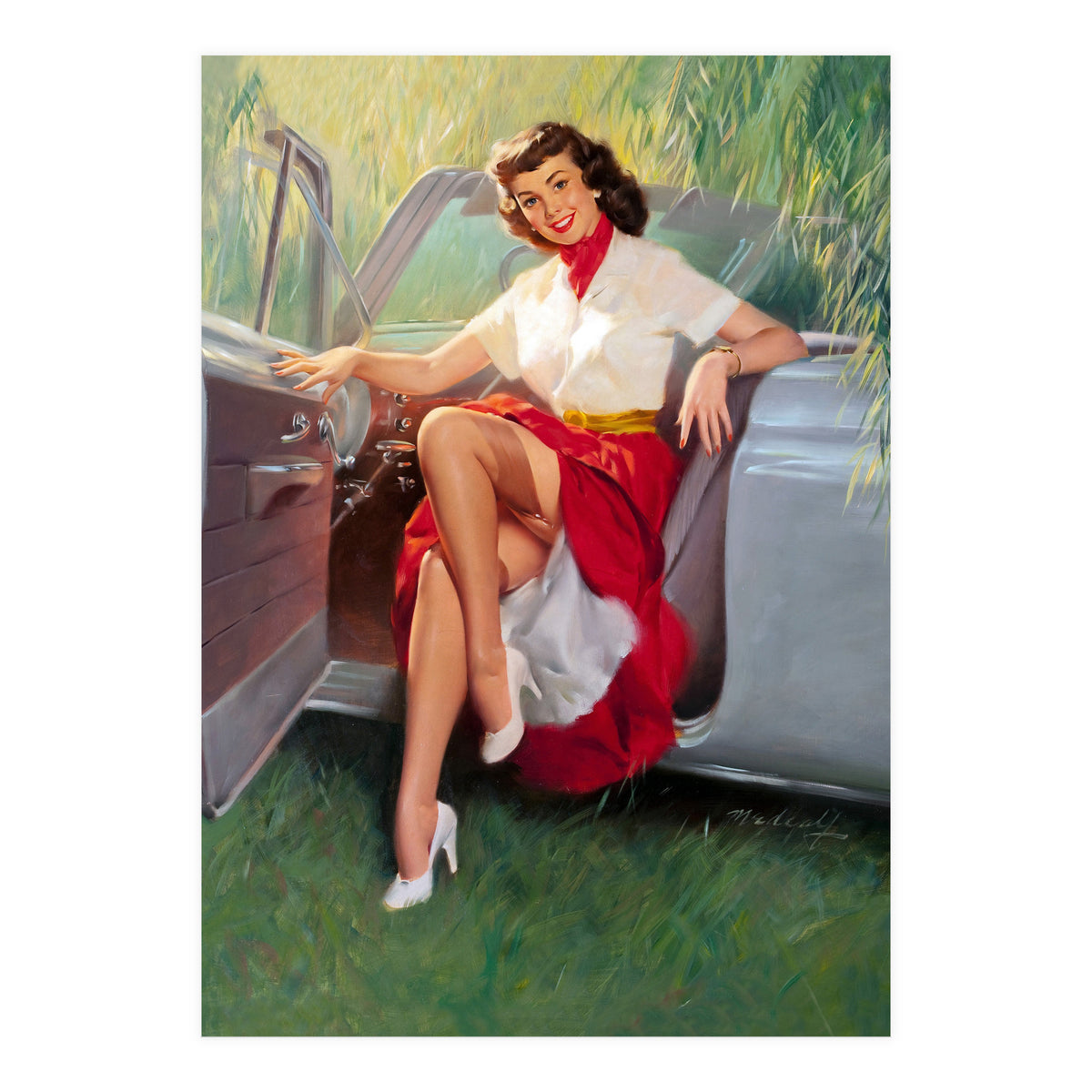 Sexy Pinup Woman Posing In Convertible Car (Print Only)
