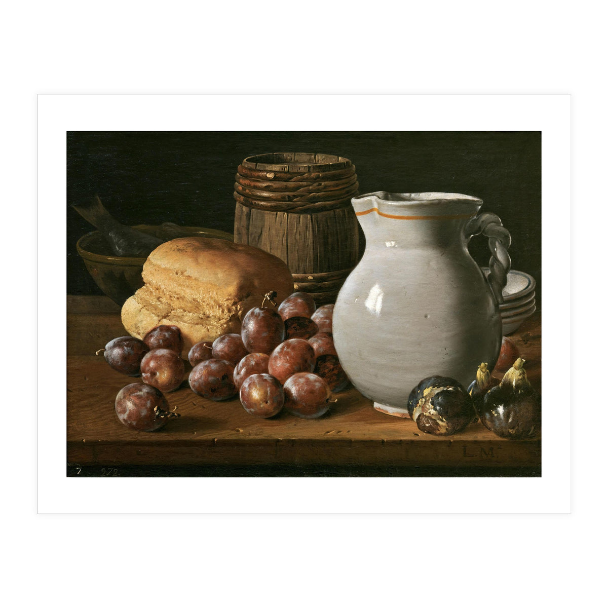 Luis Egidio Meléndez / 'Still Life with Plums, Figs, Bread and Fish', 18th century, Spanish School. (Print Only)