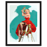 Sexy Pinup Girl In Red Dress Posing On a Ladder thumbnail