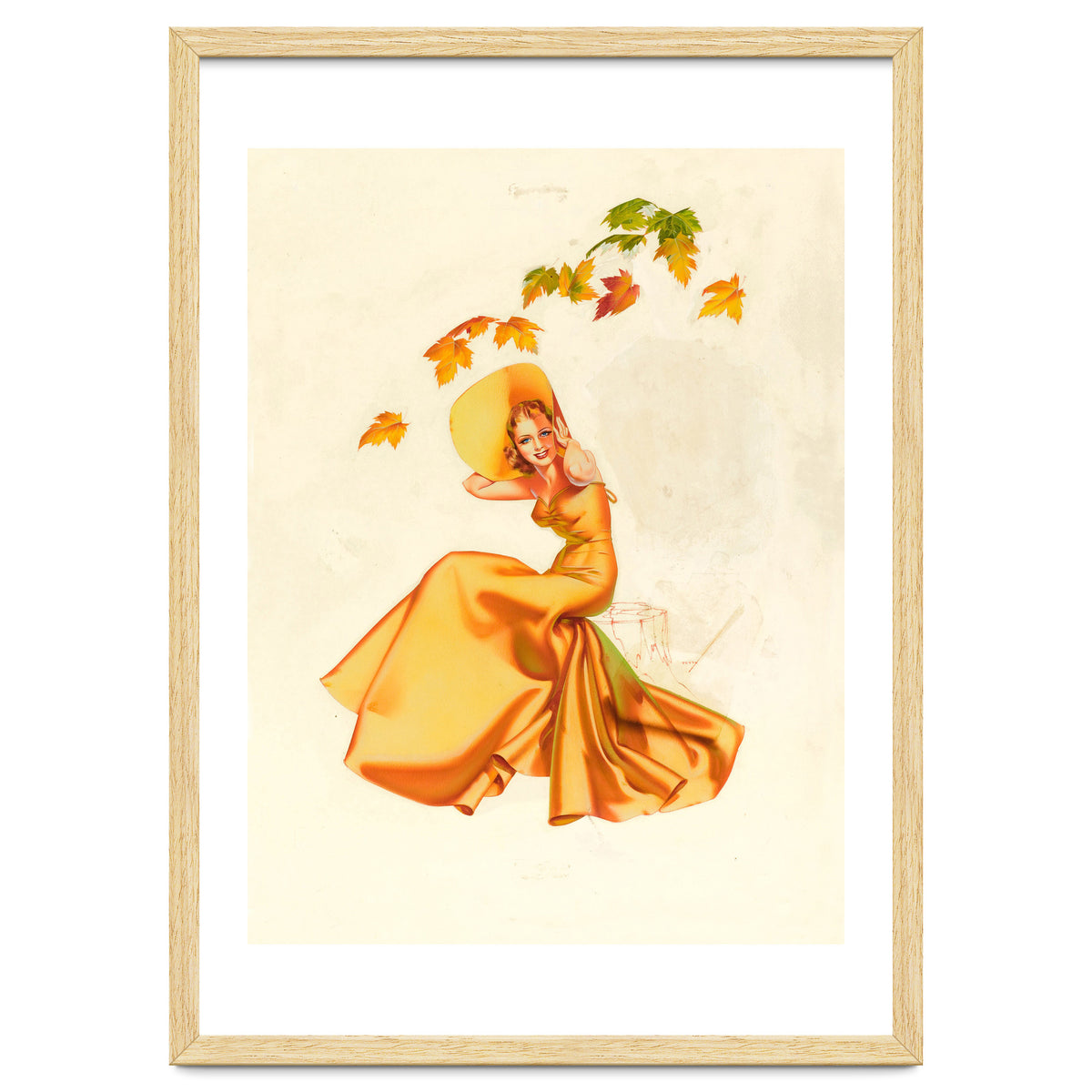 Woman Posing In Yellow Dress And Autumn Leafs