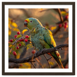 Green Parrot Perched On A Branch With Berries thumbnail