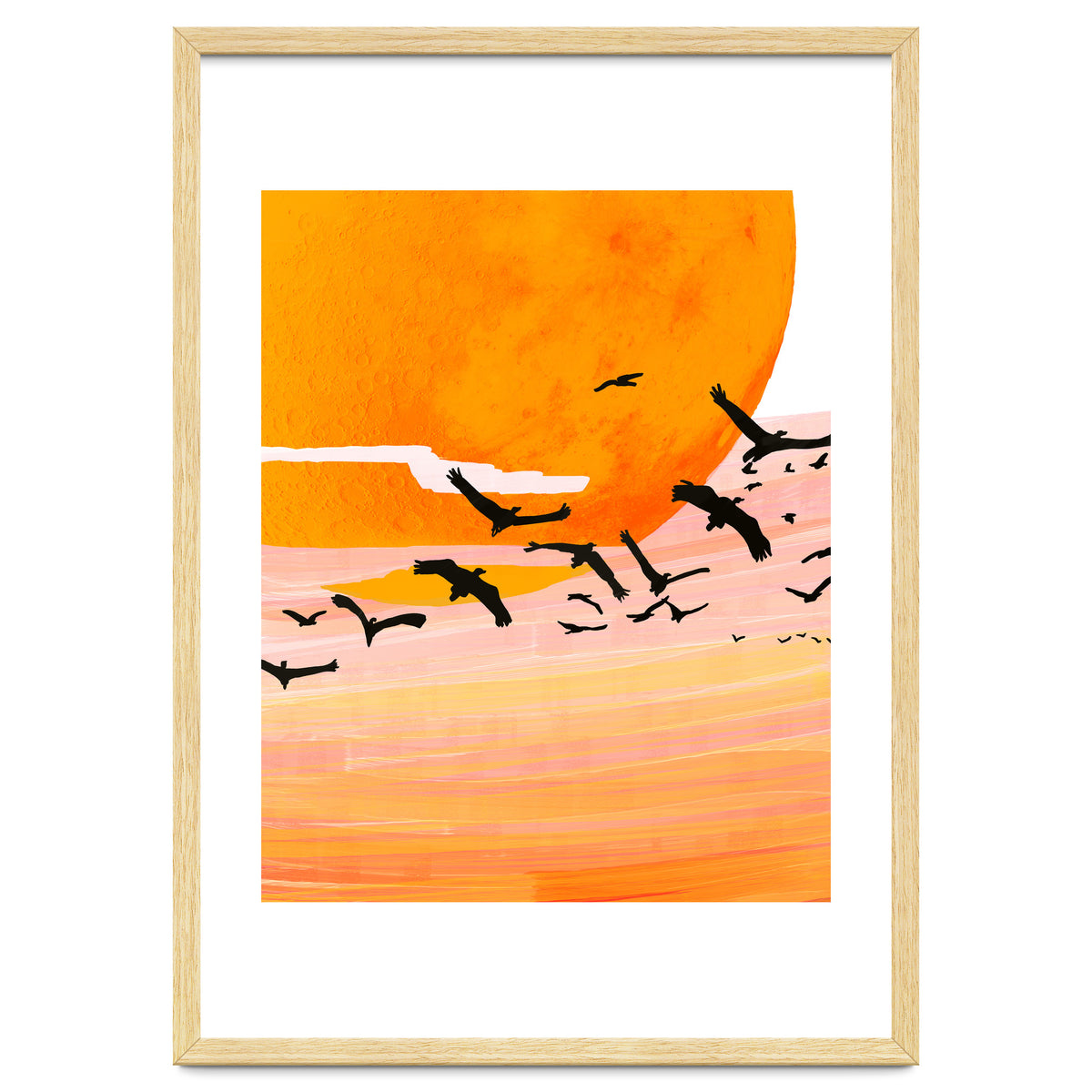 Time Flies, Birds Wildlife Fly Freedom Nature, Sun Sunset Sunrise Positivity Hope Painting, Growth Migrate Gift Animals Blush Sky Bohemian