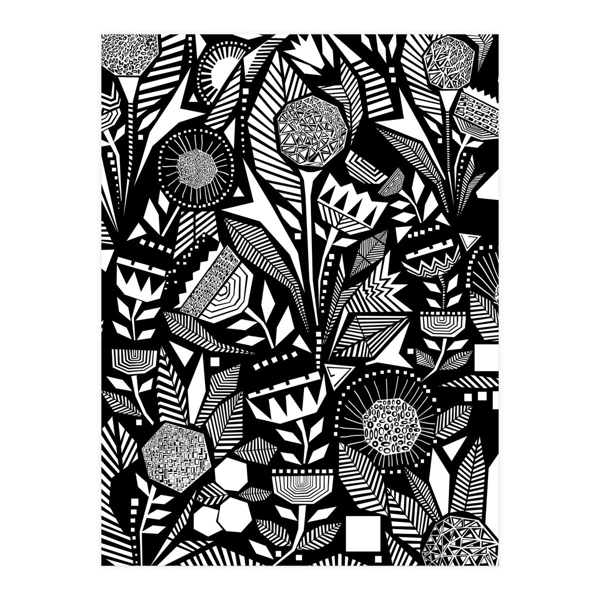 African Tribal, Black & White Abstract Drawing Sketch Line Art, Rustic Botanical Illustration, Bohemian Eclectic Scandinavian Vintage Bold (Print Only)