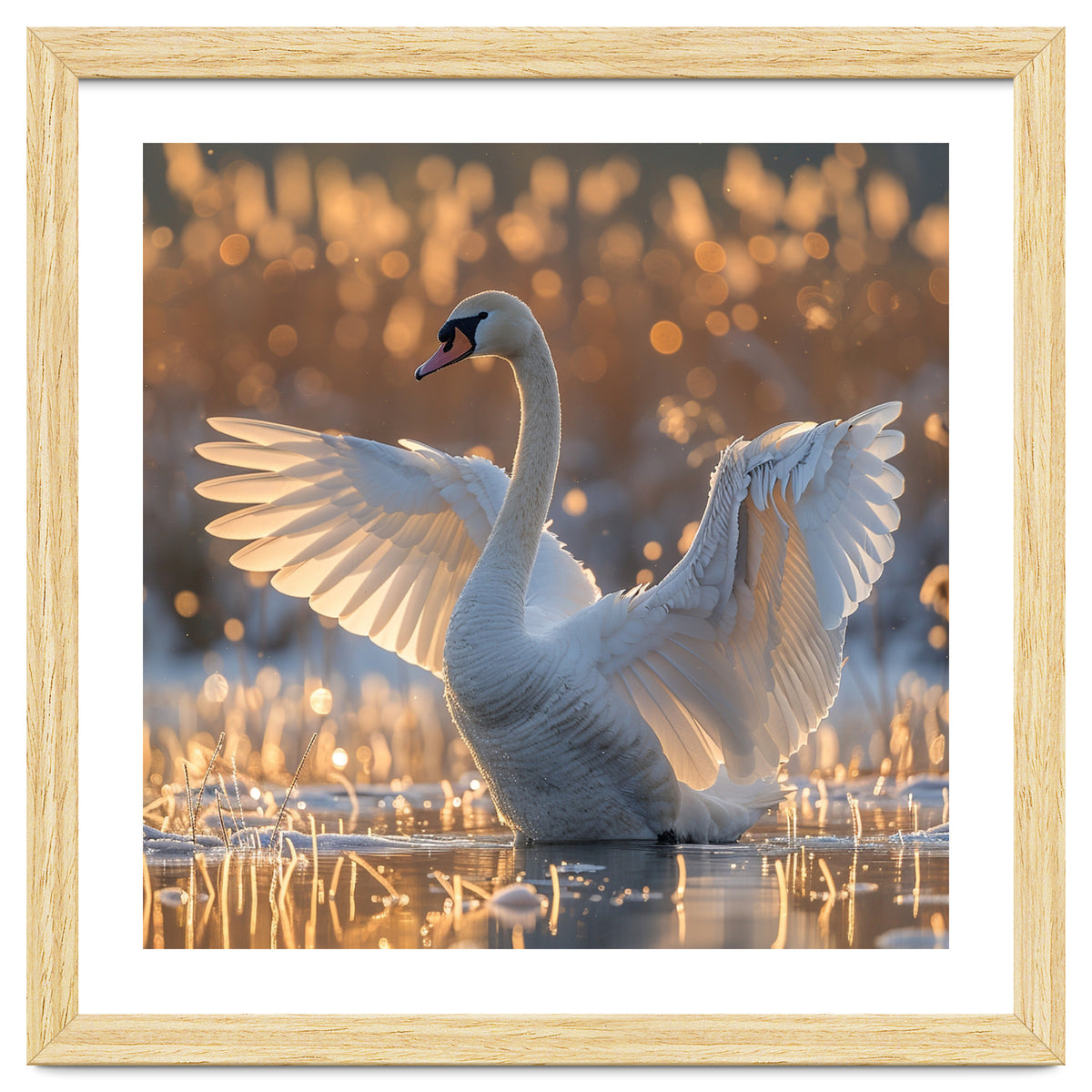 Swan Spreading Wings In Water Sunlight