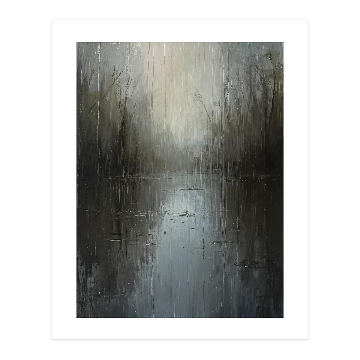 Ethereal Rainy Lake Forest Oil Painting (Print Only)