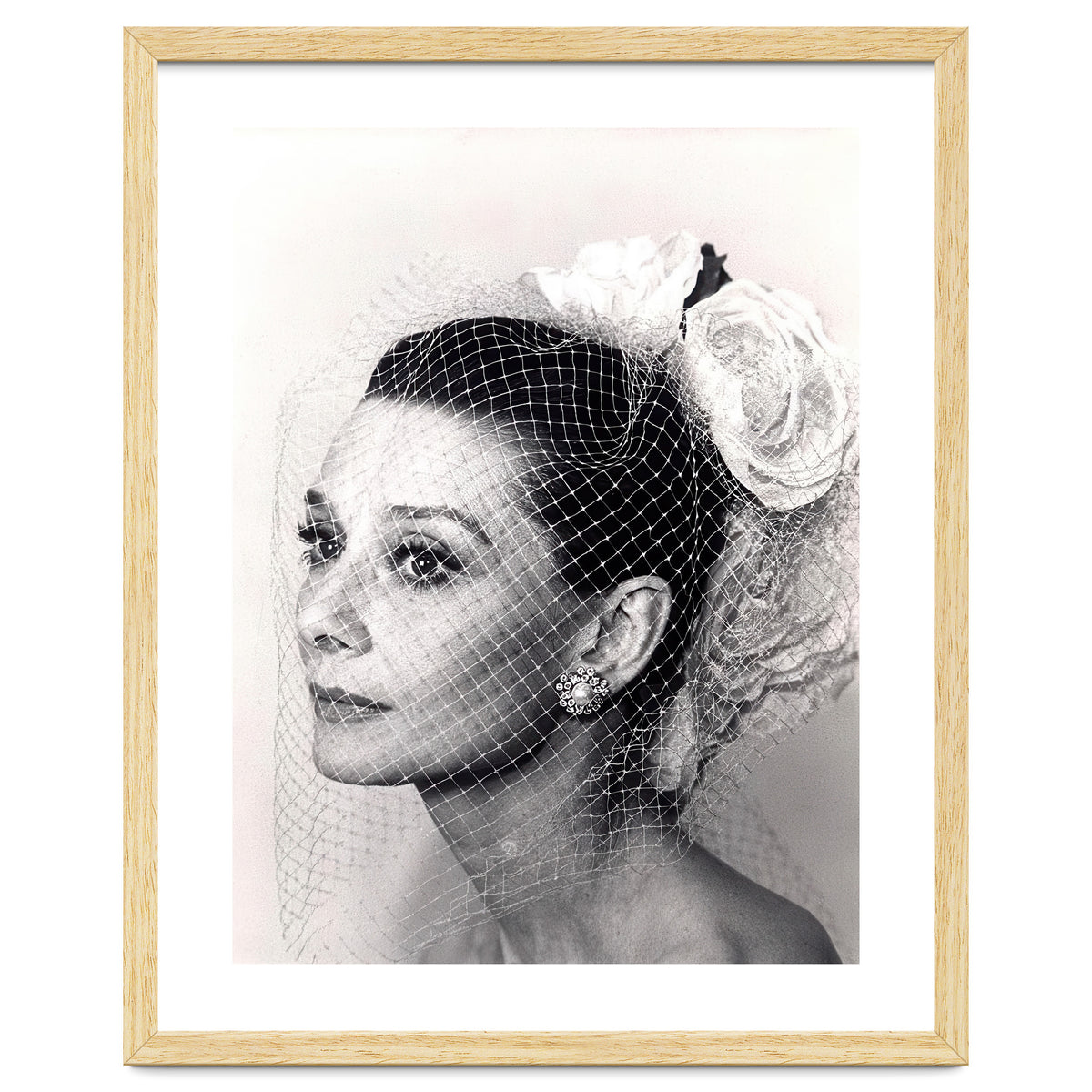 Audrey Hepburn with Veil, Classic Hollywood Glamour Photography, Black and White Icon Portrait