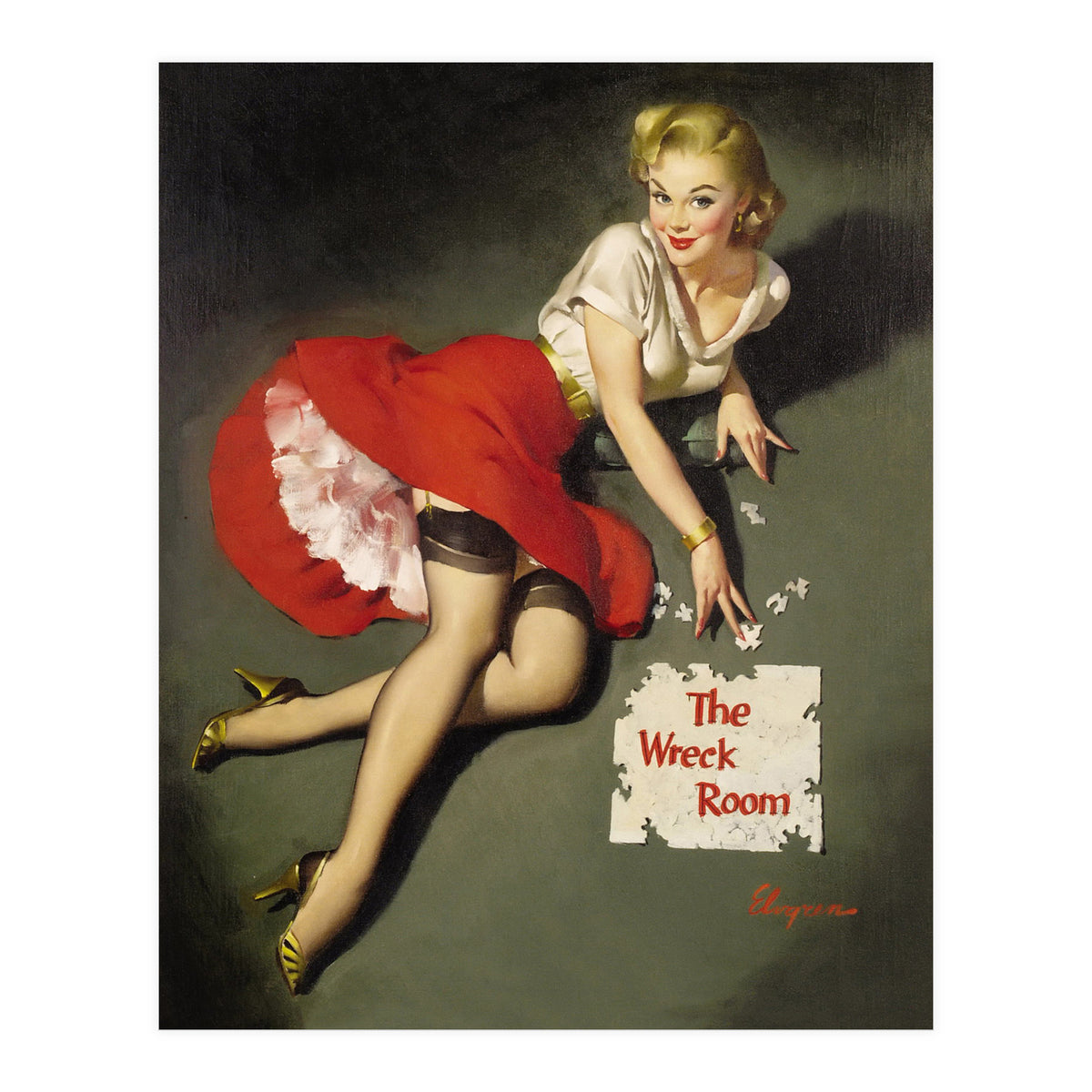 Pinup Sexy Girl Posing In Red Dress (Print Only)