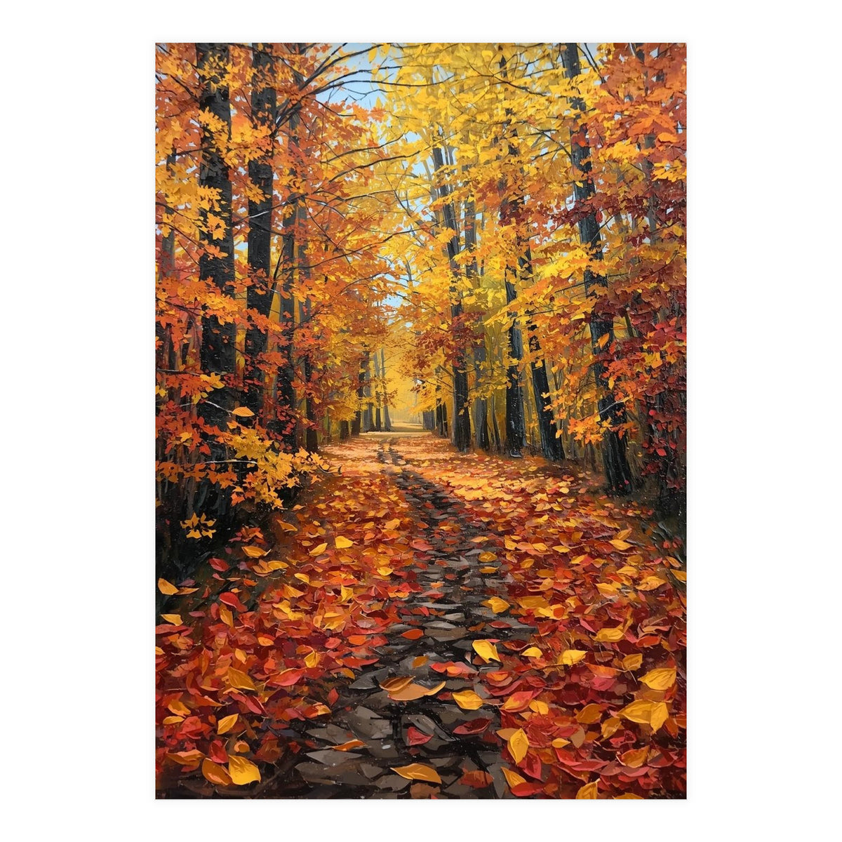Sun-Drenched Golden Forest Path with Vibrant Autumn Foliage (Print Only)