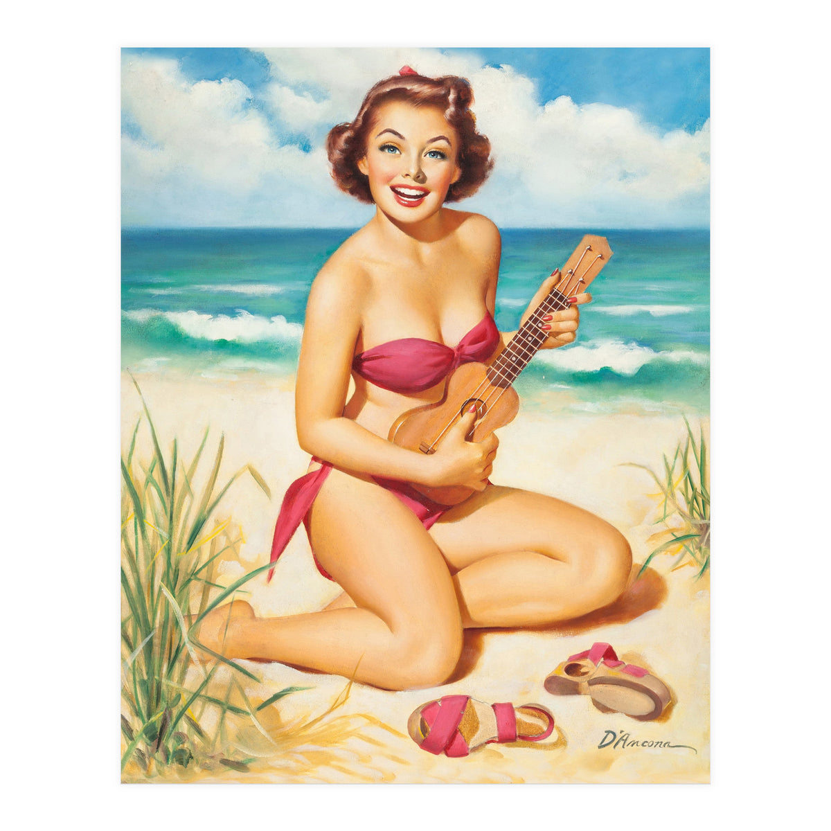 Pinup Girl Playing Ukulele On The Beach (Print Only)
