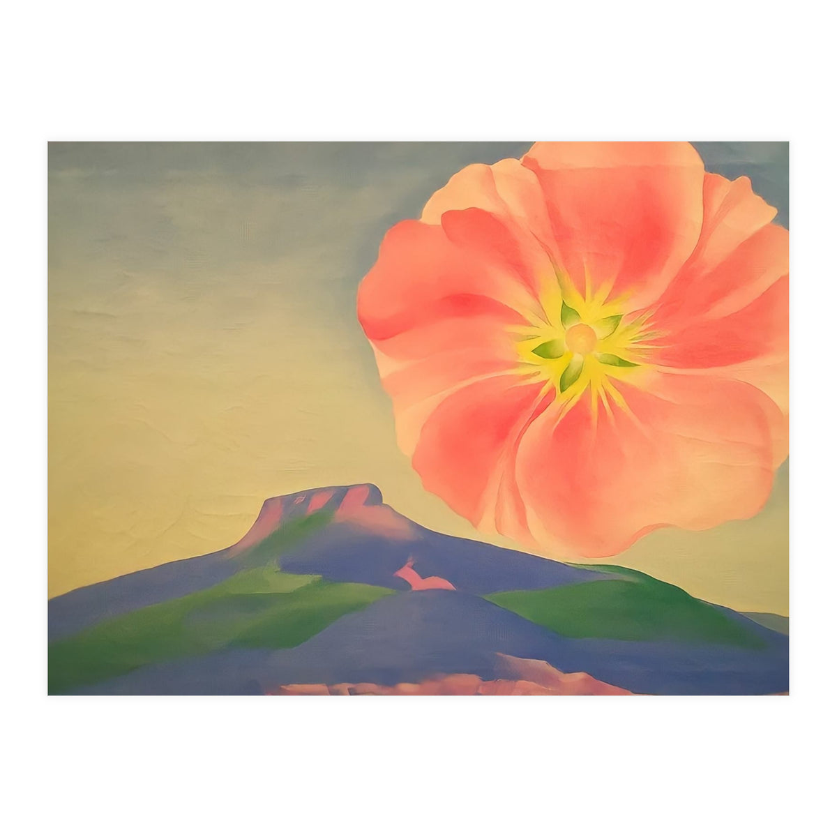 Georgia O’Keeffe – Hollyhock Pink with Pedernal (1937) | Vibrant Modernist Floral Landscape of New Mexico (Print Only)
