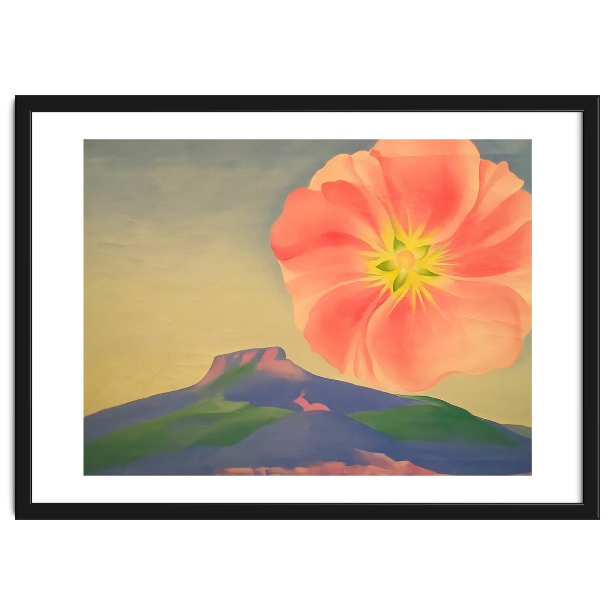 Georgia O’Keeffe – Hollyhock Pink with Pedernal (1937) | Vibrant Modernist Floral Landscape of New Mexico