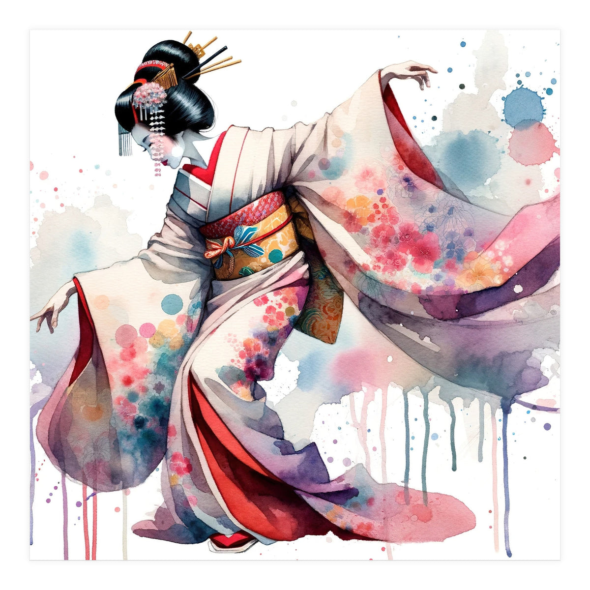 Geisha Dancer With Flowing Kimono (Print Only)