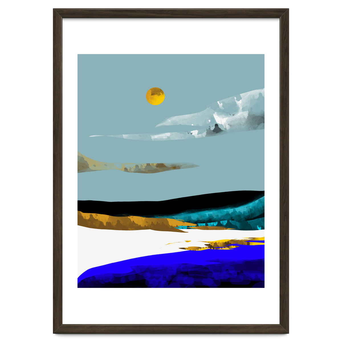 Duality & Intention, Abstract Nature Landscape Adventure Painting, Travel Mountains Sun Sky Scandinavian Clouds