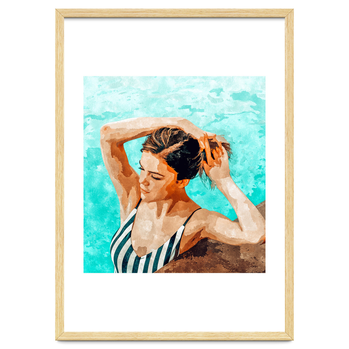 Simulacrum | Modern Bohemian Woman Swim | Summer Swimming Pool Fashion Watercolor Painting