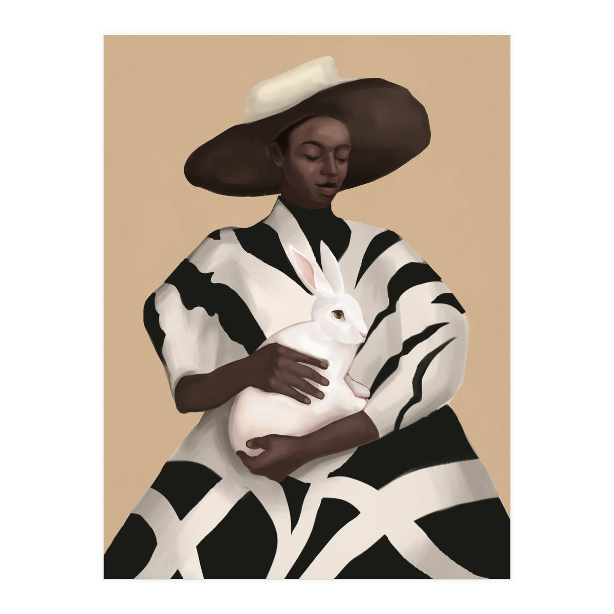 Woman In Stripes Holding A White Rabbit (Print Only)