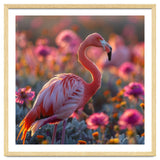 Pink Flamingo Standing In A Field Of Flowers thumbnail