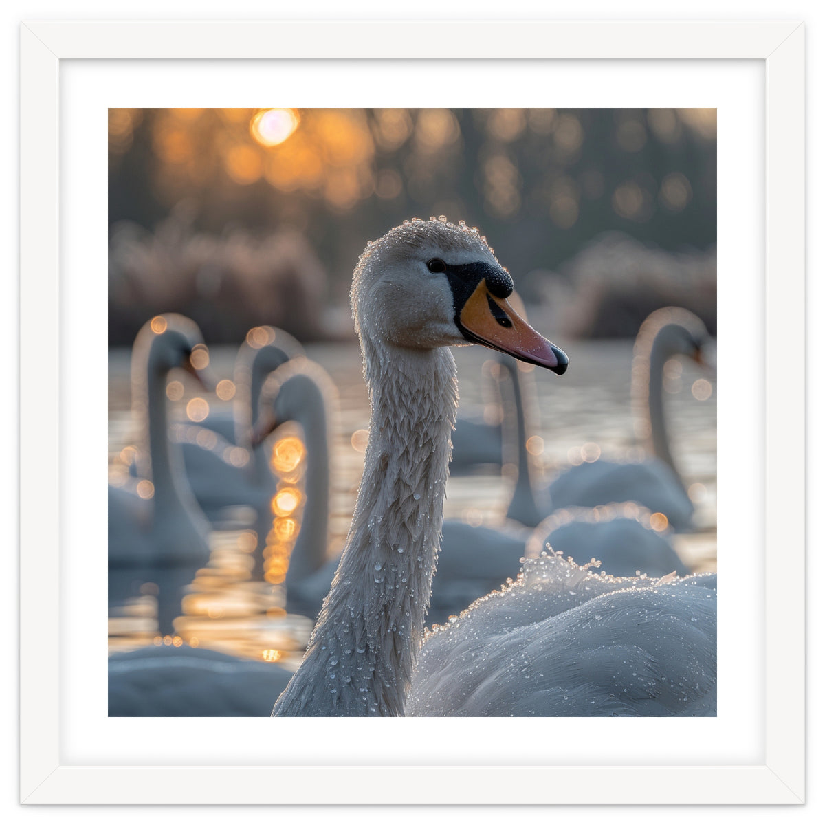 Close Up Of Swan With Water Droplets At Sunrise