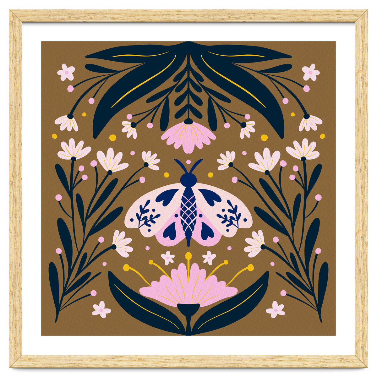 Pink Moth with Flowers on a brown background