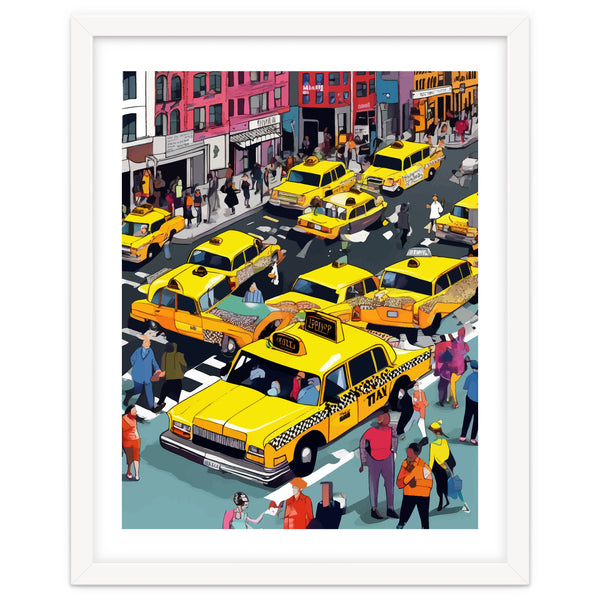 New York Minute, Yellow Taxi Cab Manhattan Downtown Busy Street, Traffic People Buildings Times Square Eclectic Road Architecture