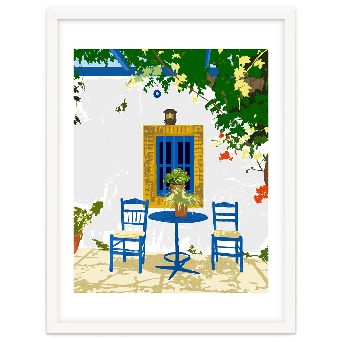 Greek Vacay For Two, Evil Eye Santorini Travel Summer, Eclectic Travel Architecture White Buildings Cafe