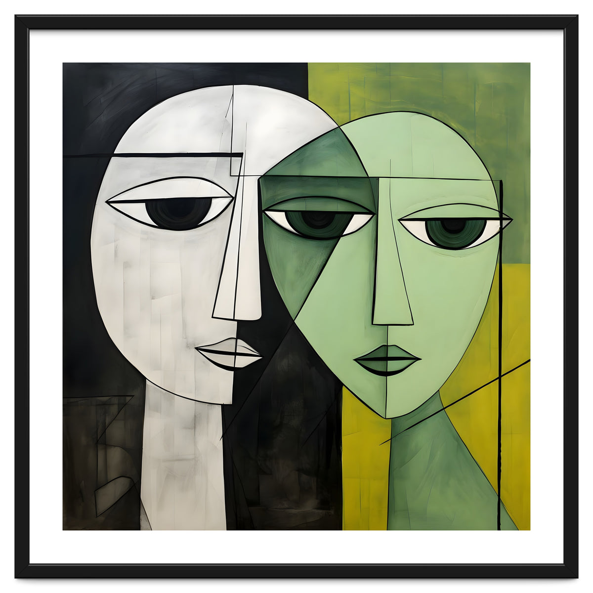 DYNAMIC FUSION, Two abstract heads converge - vibrant green tones intertwine with cool grey hues, a dance of contrast and connection.